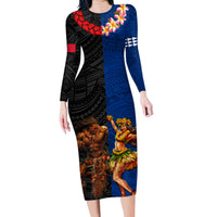 Hawaii and Samoa Together Family Matching Long Sleeve Bodycon Dress and Hawaiian Shirt Samoan Warrior and Beauty Hula Girl LT03 Mom's Dress Black - Polynesian Pride