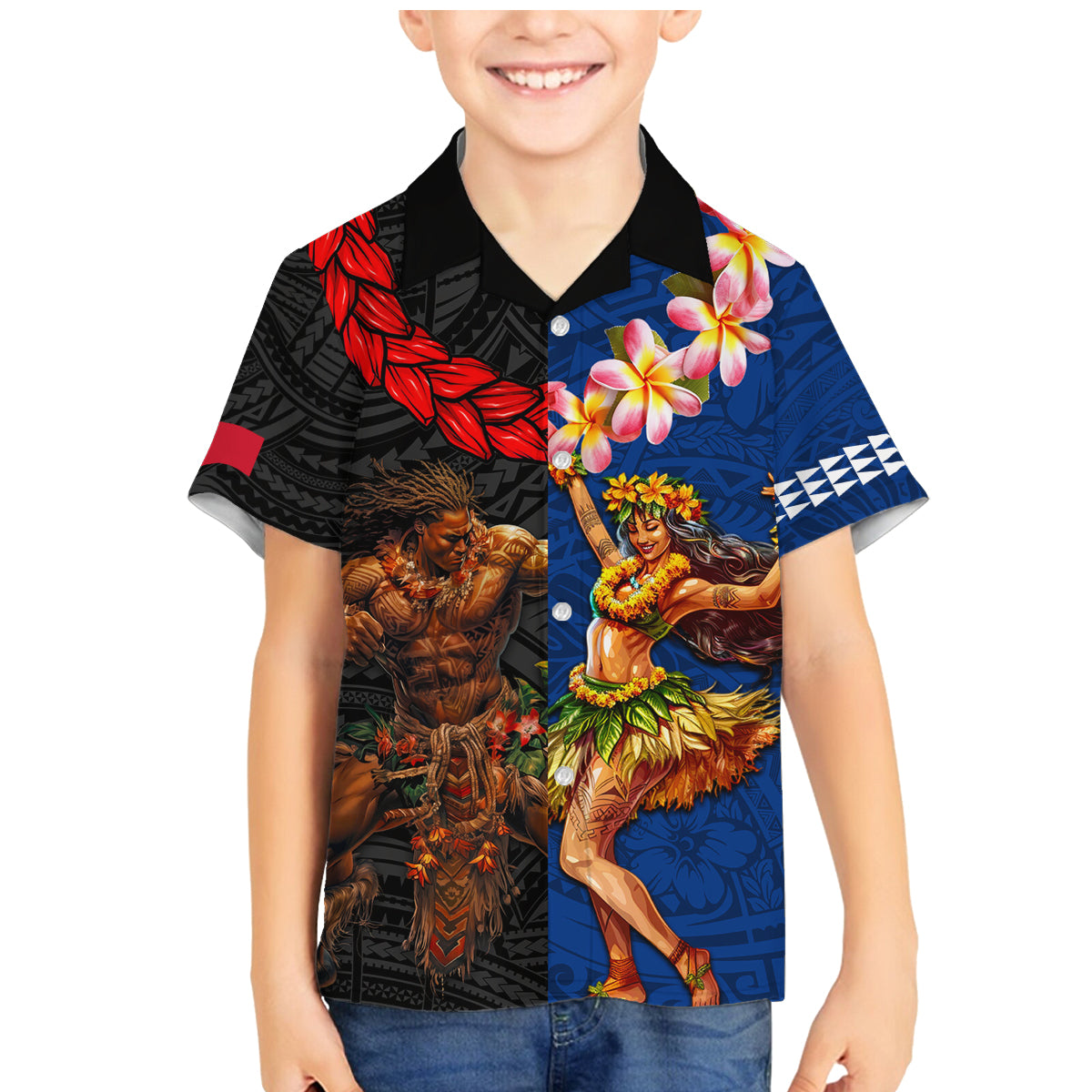 Hawaii and Samoa Together Family Matching Mermaid Dress and Hawaiian Shirt Samoan Warrior and Beauty Hula Girl LT03 Son's Shirt Black - Polynesian Pride