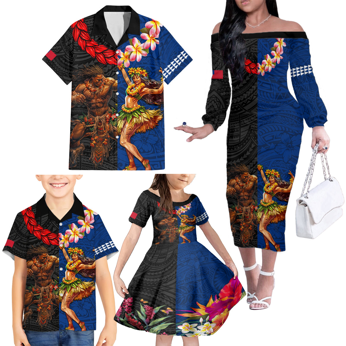 Hawaii and Samoa Together Family Matching Off The Shoulder Long Sleeve Dress and Hawaiian Shirt Samoan Warrior and Beauty Hula Girl LT03 - Polynesian Pride
