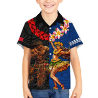 Hawaii and Samoa Together Family Matching Off The Shoulder Long Sleeve Dress and Hawaiian Shirt Samoan Warrior and Beauty Hula Girl LT03 Son's Shirt Black - Polynesian Pride