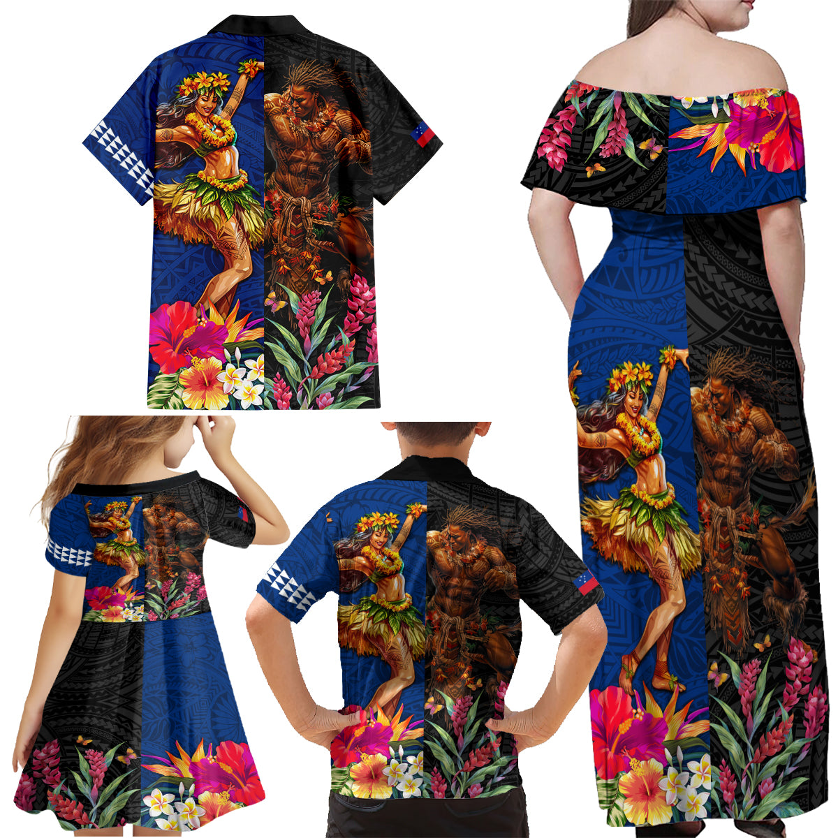 Hawaii and Samoa Together Family Matching Off Shoulder Maxi Dress and Hawaiian Shirt Samoan Warrior and Beauty Hula Girl LT03 - Polynesian Pride