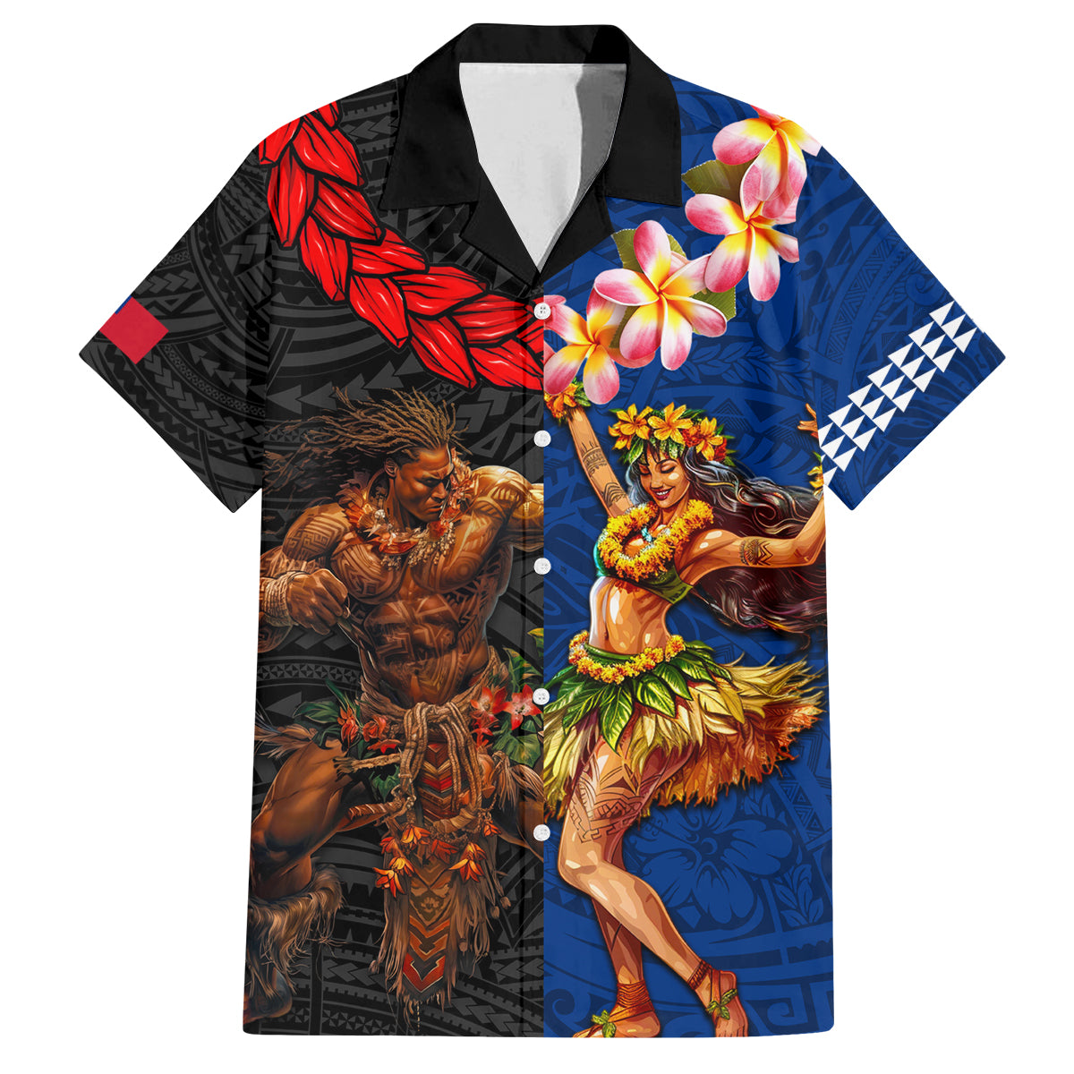 Hawaii and Samoa Together Family Matching Off Shoulder Maxi Dress and Hawaiian Shirt Samoan Warrior and Beauty Hula Girl LT03 Dad's Shirt - Short Sleeve Black - Polynesian Pride