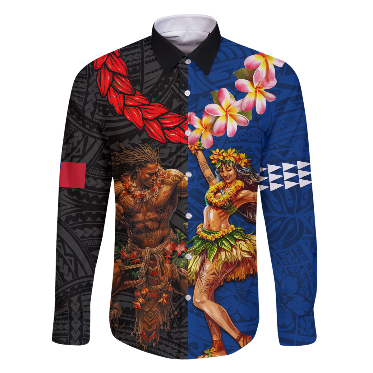 Hawaii and Samoa Together Family Matching Off Shoulder Maxi Dress and Hawaiian Shirt Samoan Warrior and Beauty Hula Girl LT03 Dad's Shirt - Long Sleeve Black - Polynesian Pride