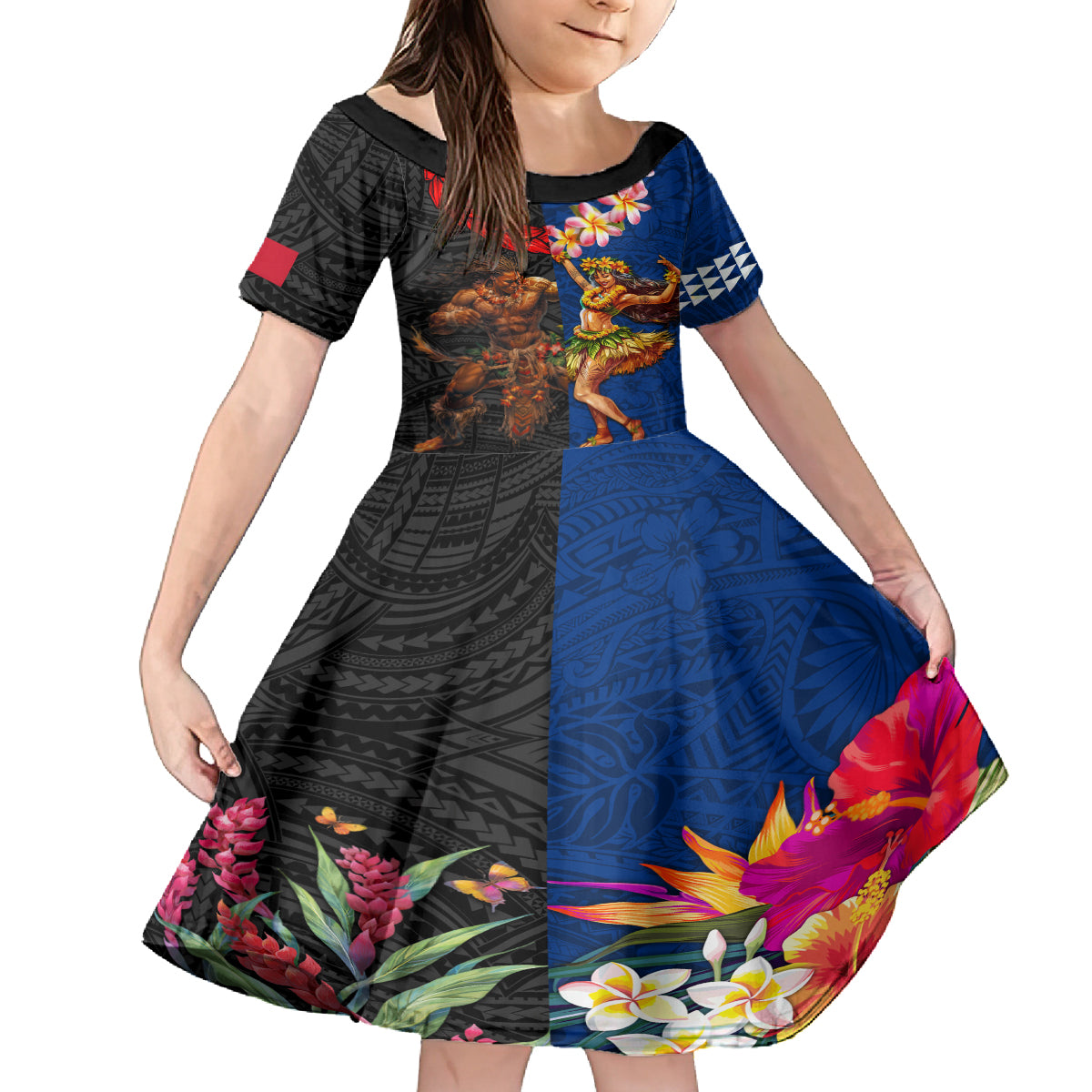 Hawaii and Samoa Together Family Matching Off Shoulder Short Dress and Hawaiian Shirt Samoan Warrior and Beauty Hula Girl LT03 Daughter's Dress Black - Polynesian Pride