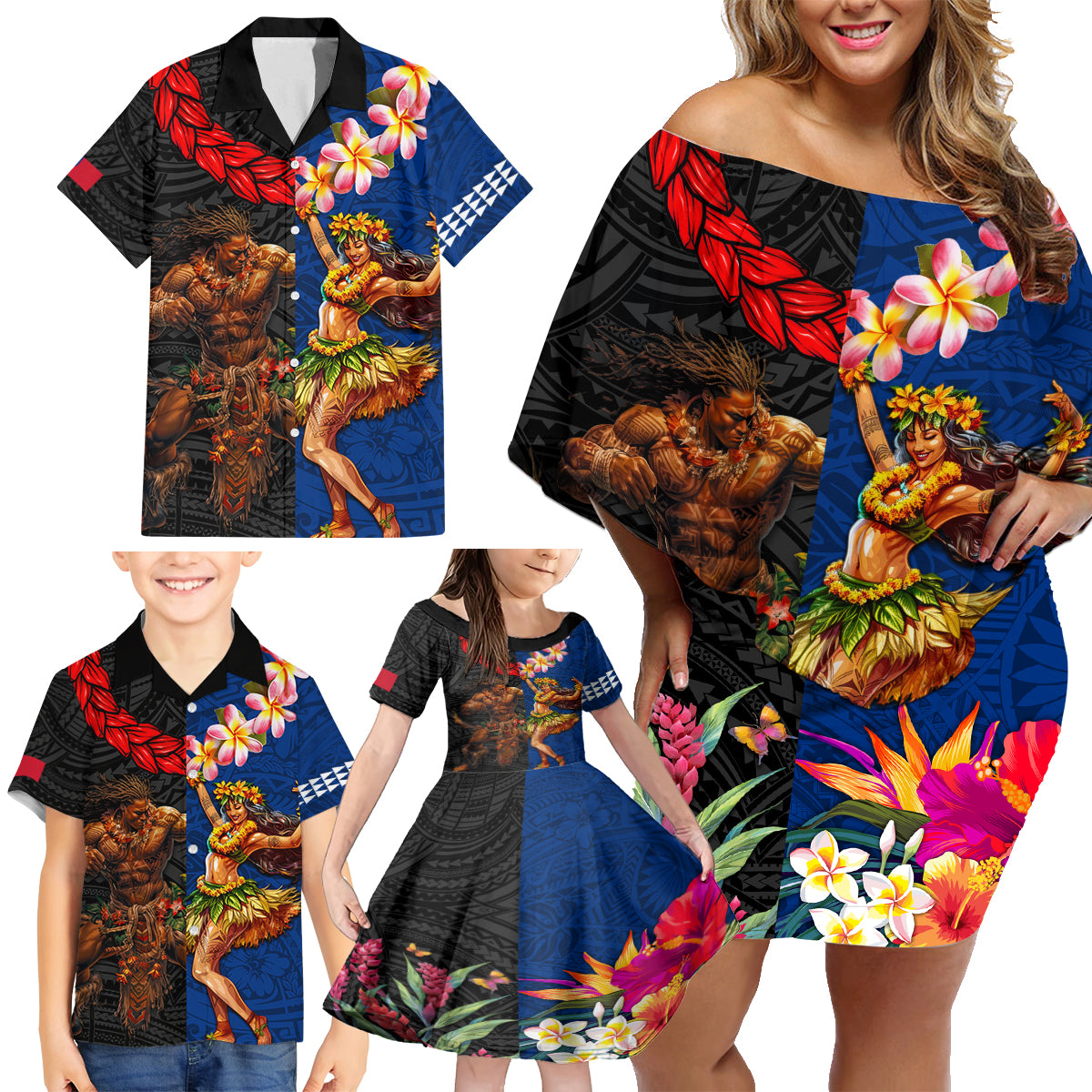 Hawaii and Samoa Together Family Matching Off Shoulder Short Dress and Hawaiian Shirt Samoan Warrior and Beauty Hula Girl LT03 - Polynesian Pride