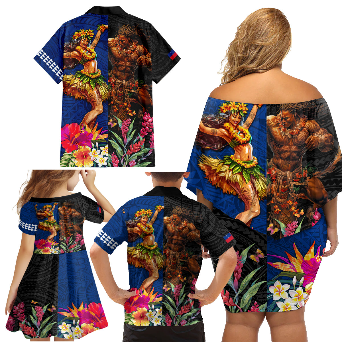 Hawaii and Samoa Together Family Matching Off Shoulder Short Dress and Hawaiian Shirt Samoan Warrior and Beauty Hula Girl LT03 - Polynesian Pride