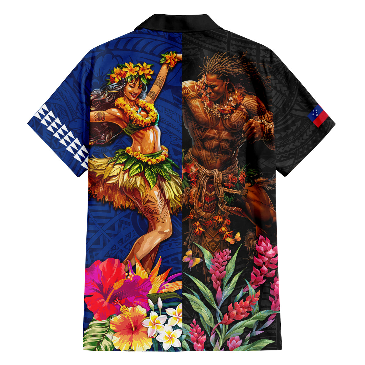 Hawaii and Samoa Together Family Matching Off Shoulder Short Dress and Hawaiian Shirt Samoan Warrior and Beauty Hula Girl LT03 - Polynesian Pride