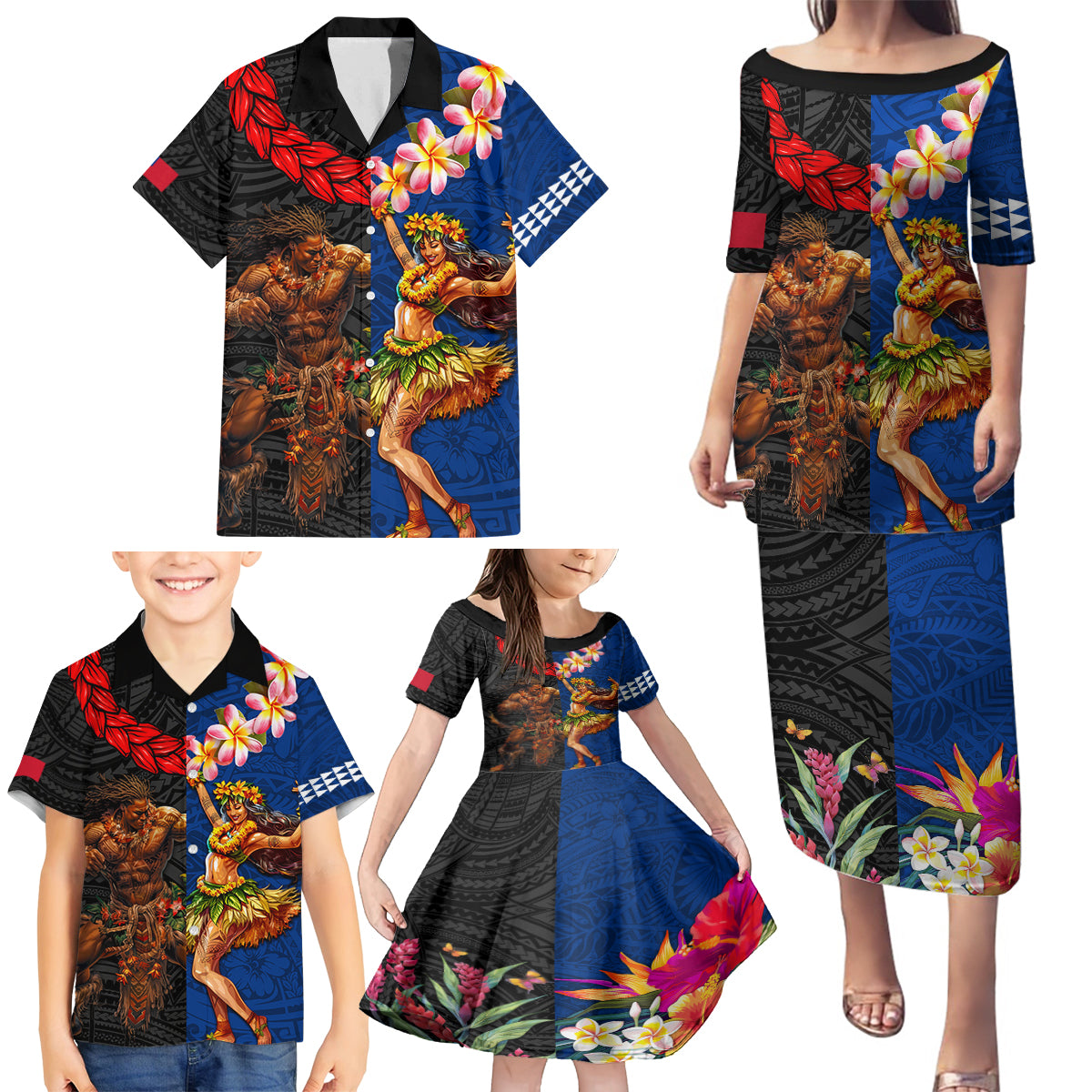 Hawaii and Samoa Together Family Matching Puletasi and Hawaiian Shirt Samoan Warrior and Beauty Hula Girl LT03 - Polynesian Pride