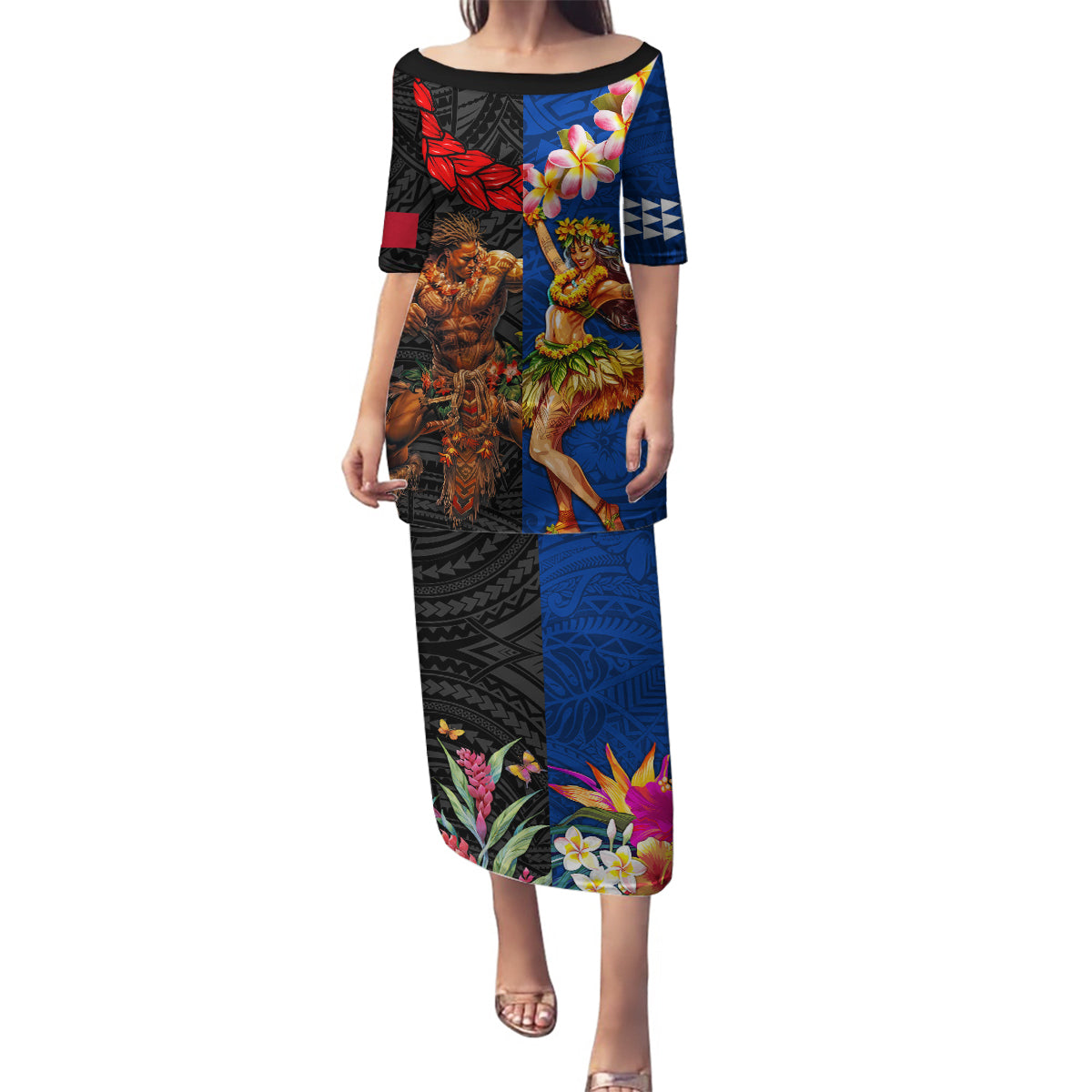 Hawaii and Samoa Together Family Matching Puletasi and Hawaiian Shirt Samoan Warrior and Beauty Hula Girl LT03 Mom's Dress Black - Polynesian Pride