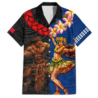 Hawaii and Samoa Together Family Matching Tank Maxi Dress and Hawaiian Shirt Samoan Warrior and Beauty Hula Girl LT03 Dad's Shirt - Short Sleeve Black - Polynesian Pride