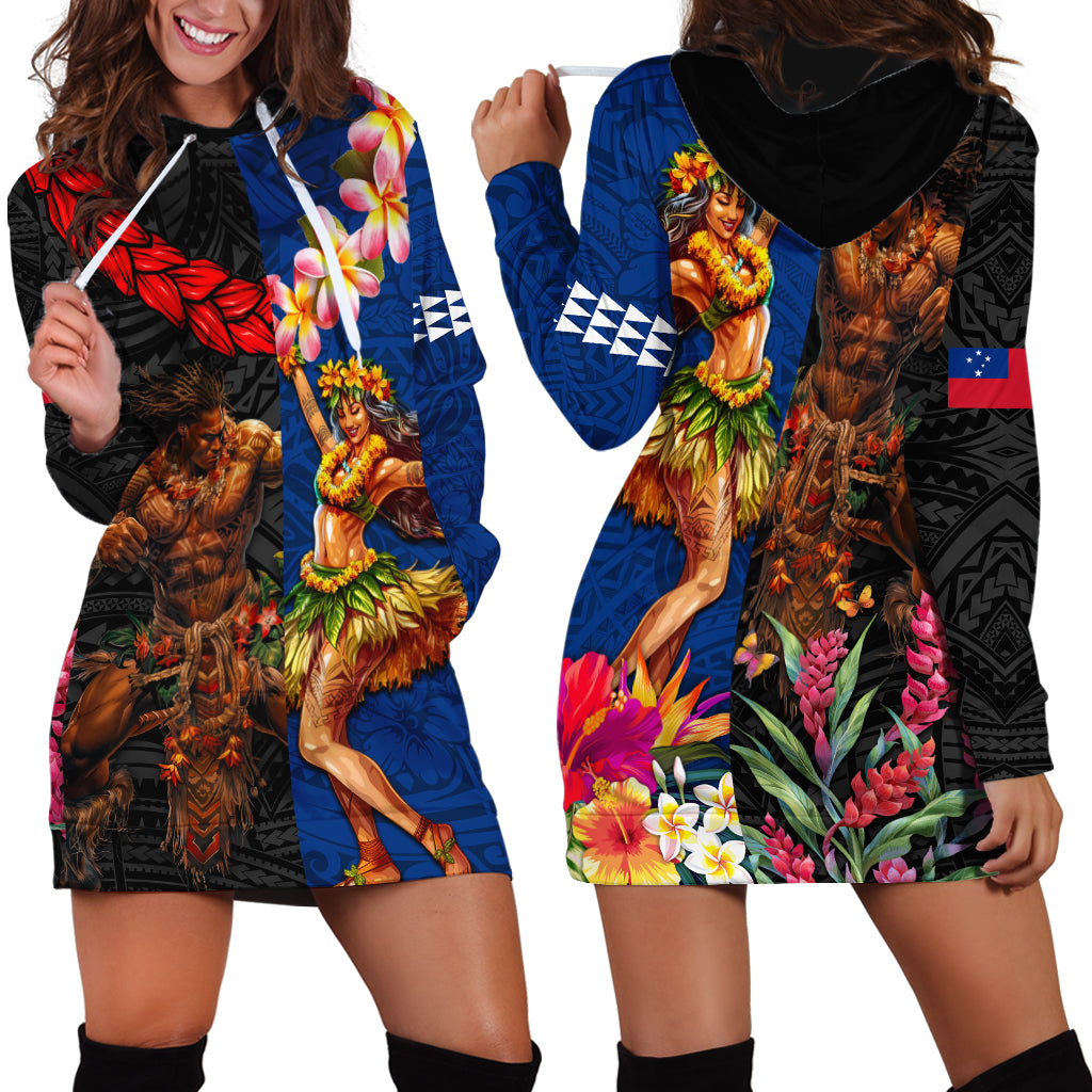 Hawaii and Samoa Together Hoodie Dress Samoan Warrior and Beauty Hula Girl LT03 - Polynesian Pride
