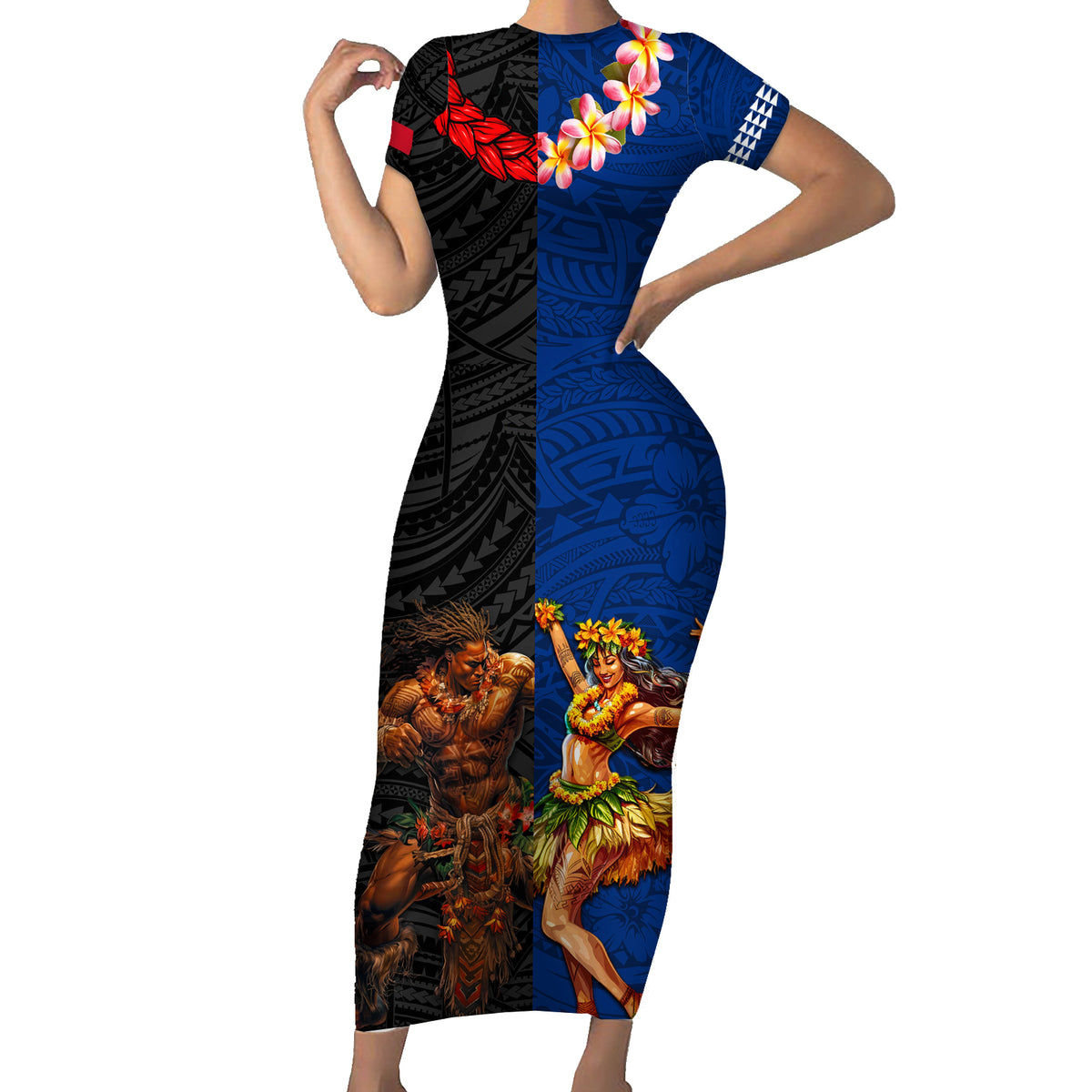 Hawaii and Samoa Together Short Sleeve Bodycon Dress Samoan Warrior and Beauty Hula Girl LT03 Long Dress Black - Polynesian Pride