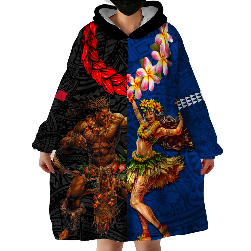 Hawaii and Samoa Together Wearable Blanket Hoodie Samoan Warrior and Beauty Hula Girl LT03 - Polynesian Pride