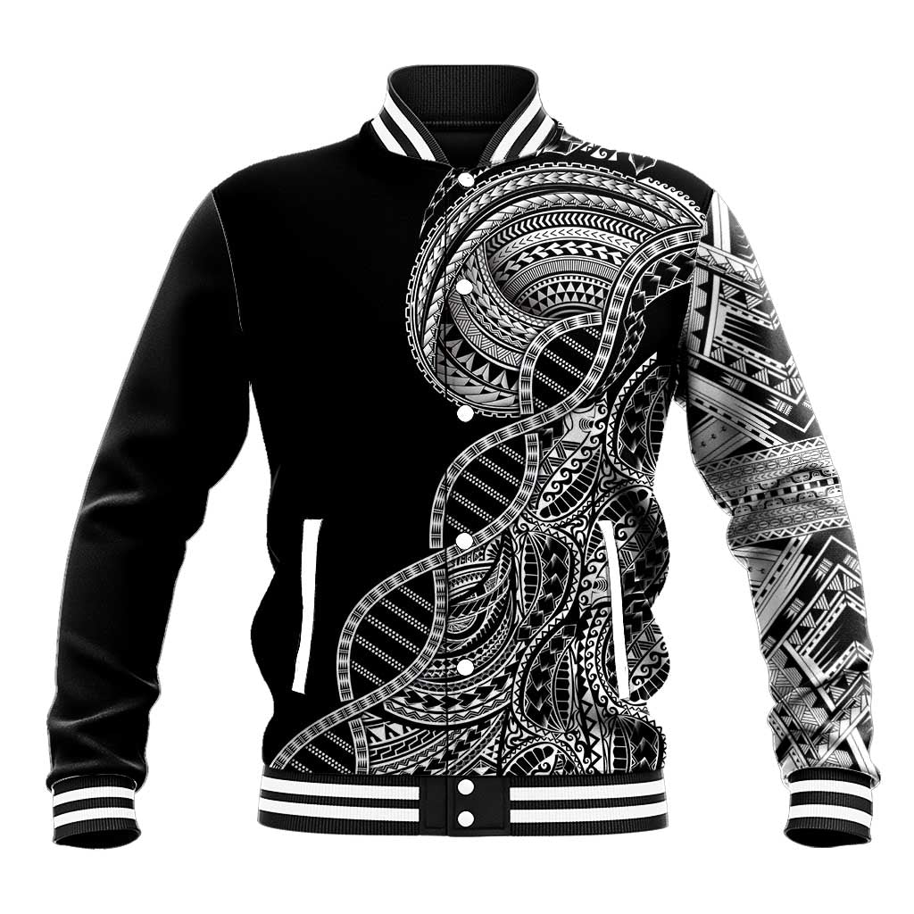 Samoan DNA Art Tattoo Baseball Jacket Polynesian Pattern Black Color