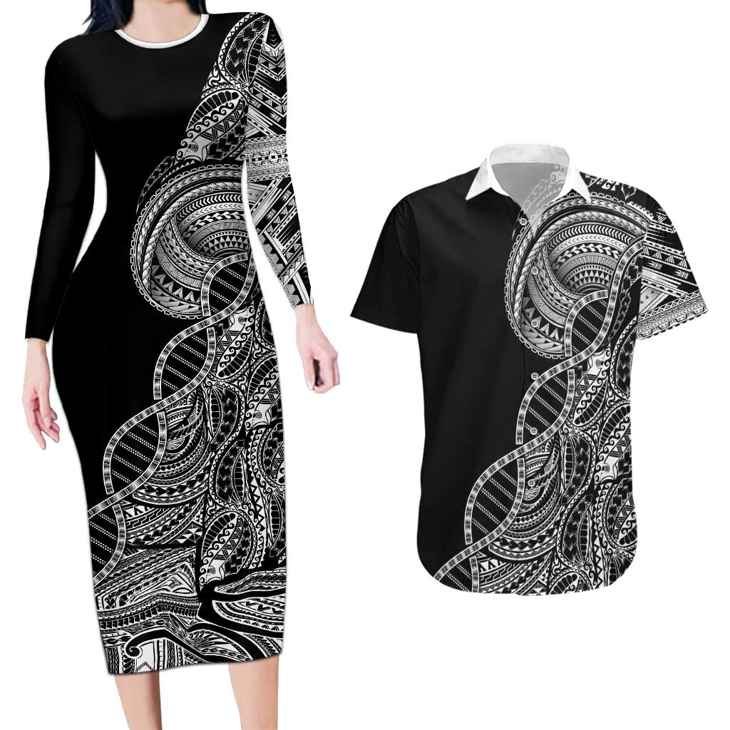 Samoan DNA Art Tattoo Couples Matching Long Sleeve Bodycon Dress and Hawaiian Shirt Polynesian Pattern Black Color LT03 Black - Polynesian Pride