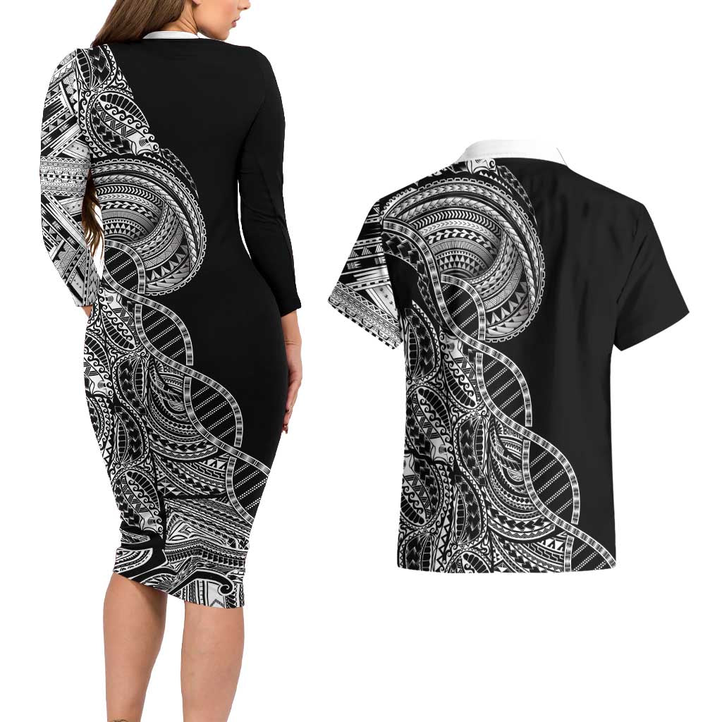Samoan DNA Art Tattoo Couples Matching Long Sleeve Bodycon Dress and Hawaiian Shirt Polynesian Pattern Black Color LT03 - Polynesian Pride