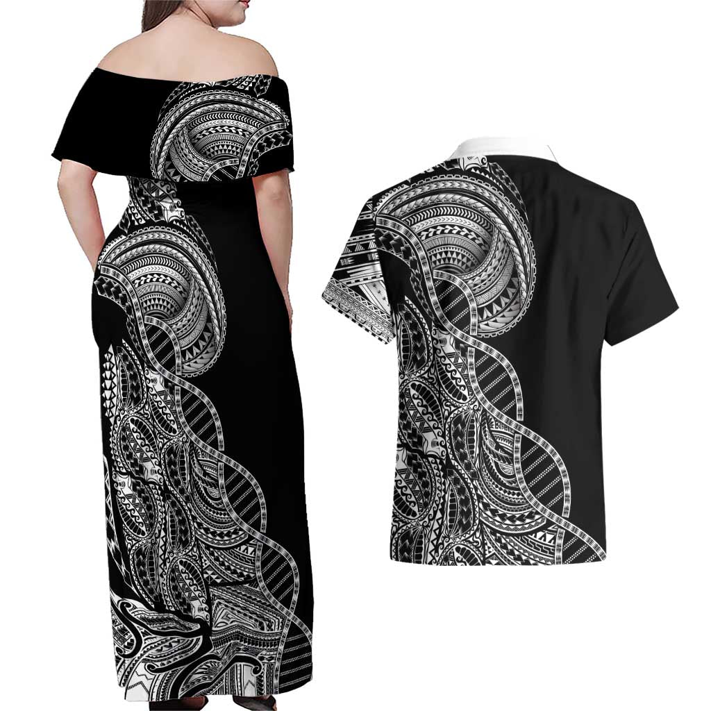 Samoan DNA Art Tattoo Couples Matching Off Shoulder Maxi Dress and Hawaiian Shirt Polynesian Pattern Black Color