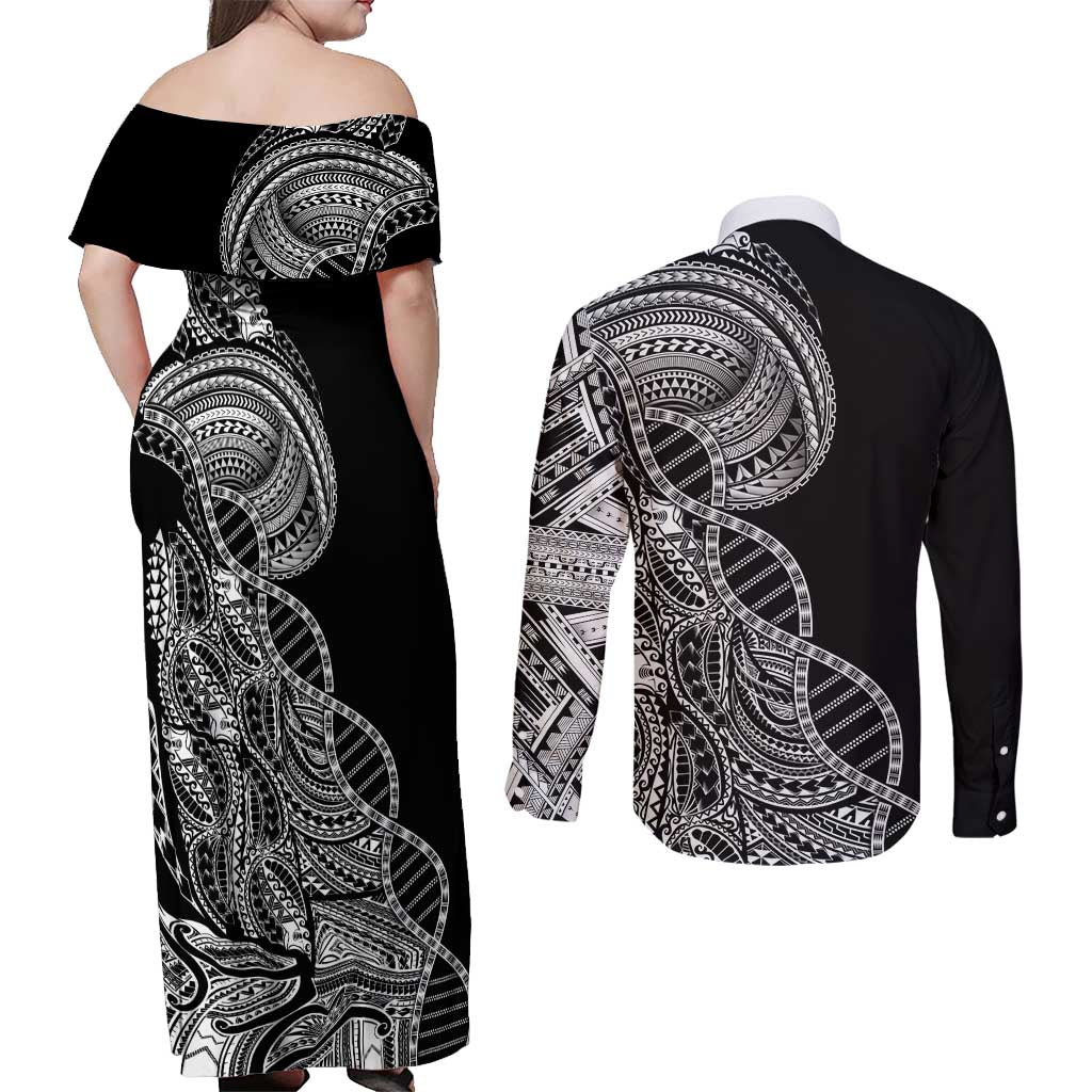 Samoan DNA Art Tattoo Couples Matching Off Shoulder Maxi Dress and Long Sleeve Button Shirt Polynesian Pattern Black Color