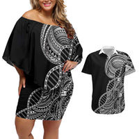 Samoan DNA Art Tattoo Couples Matching Off Shoulder Short Dress and Hawaiian Shirt Polynesian Pattern Black Color