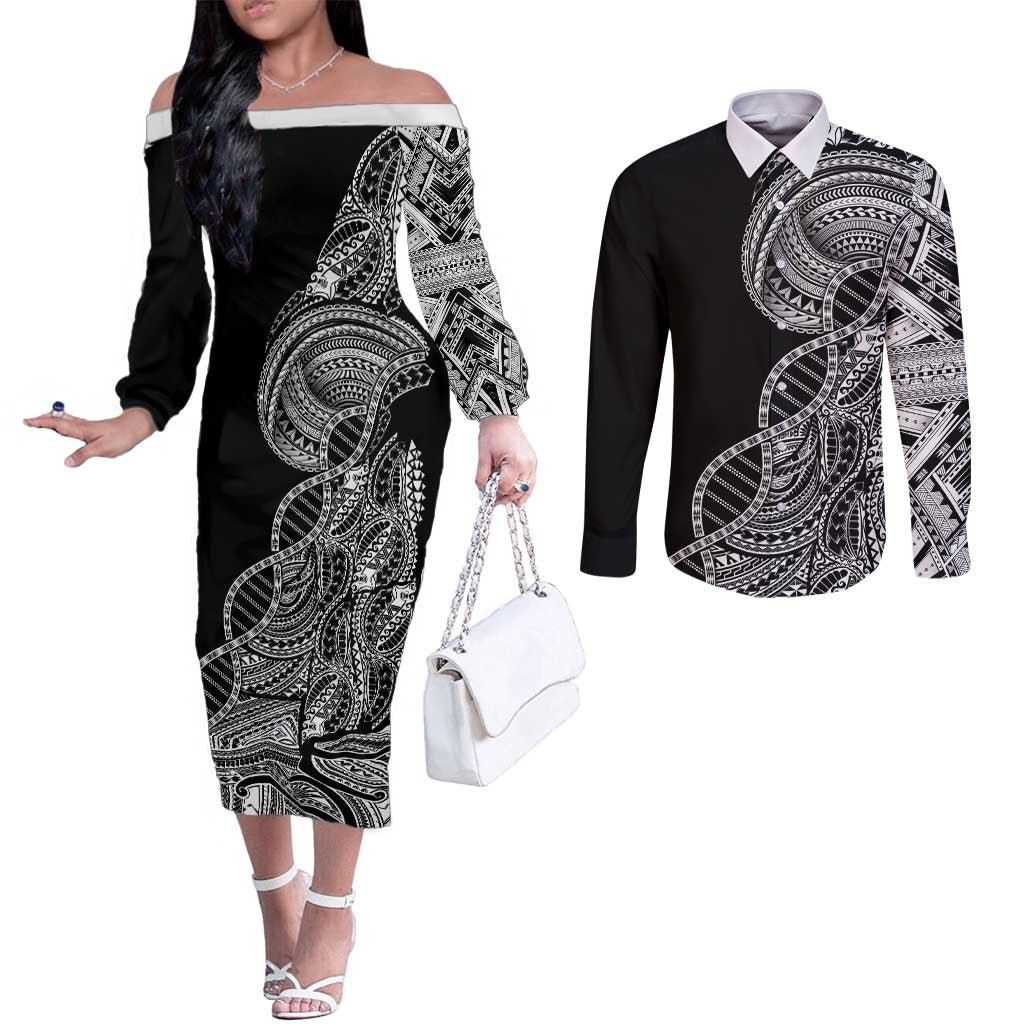 Samoan DNA Art Tattoo Couples Matching Off The Shoulder Long Sleeve Dress and Long Sleeve Button Shirt Polynesian Pattern Black Color