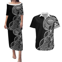 Samoan DNA Art Tattoo Couples Matching Puletasi and Hawaiian Shirt Polynesian Pattern Black Color