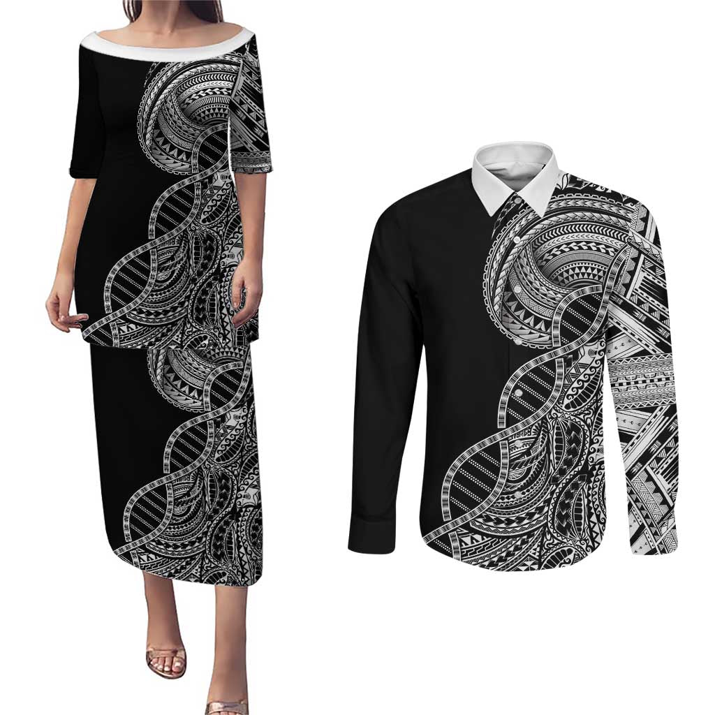Samoan DNA Art Tattoo Couples Matching Puletasi and Long Sleeve Button Shirt Polynesian Pattern Black Color