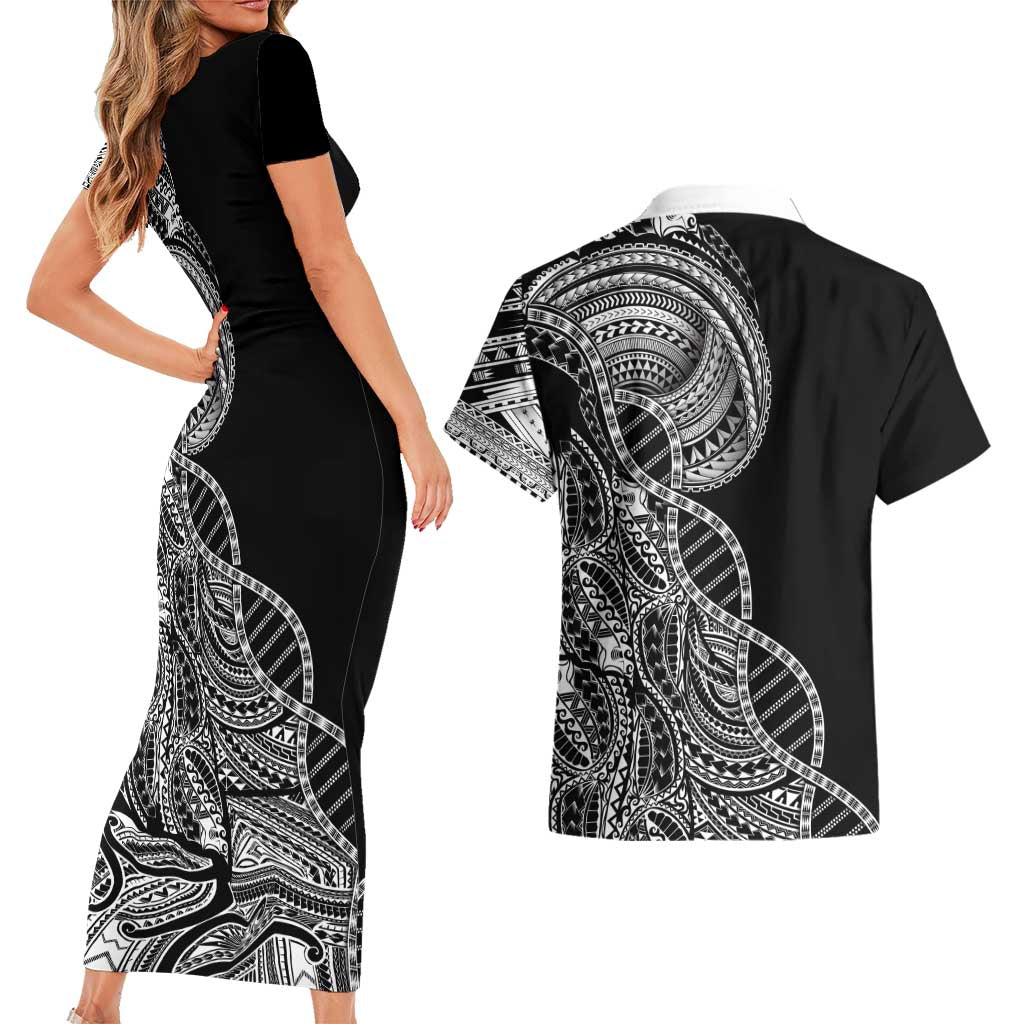Samoan DNA Art Tattoo Couples Matching Short Sleeve Bodycon Dress and Hawaiian Shirt Polynesian Pattern Black Color LT03 - Polynesian Pride