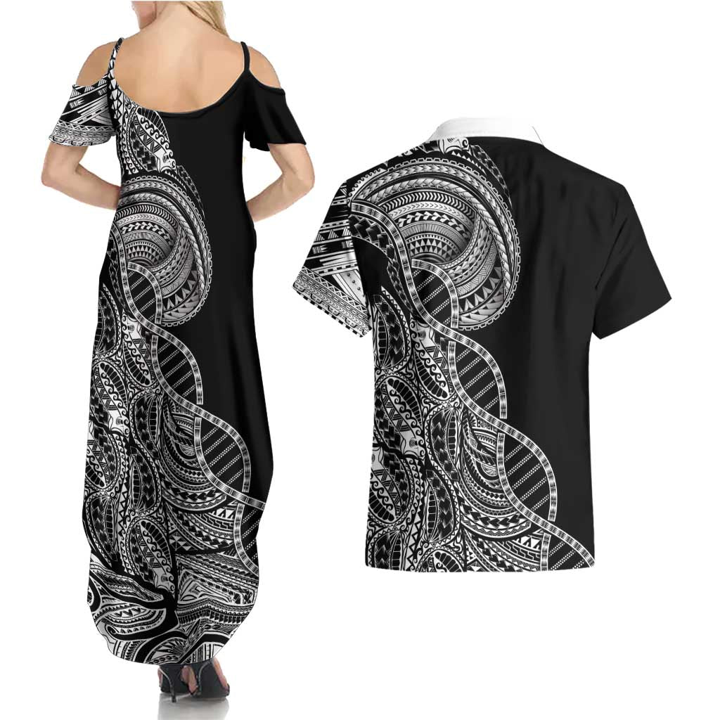 Samoan DNA Art Tattoo Couples Matching Summer Maxi Dress and Hawaiian Shirt Polynesian Pattern Black Color