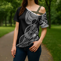 Samoan DNA Art Tattoo Cross Shoulder Shirt Polynesian Pattern Black Color