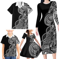 Samoan DNA Art Tattoo Family Matching Long Sleeve Bodycon Dress and Hawaiian Shirt Polynesian Pattern Black Color LT03 - Polynesian Pride