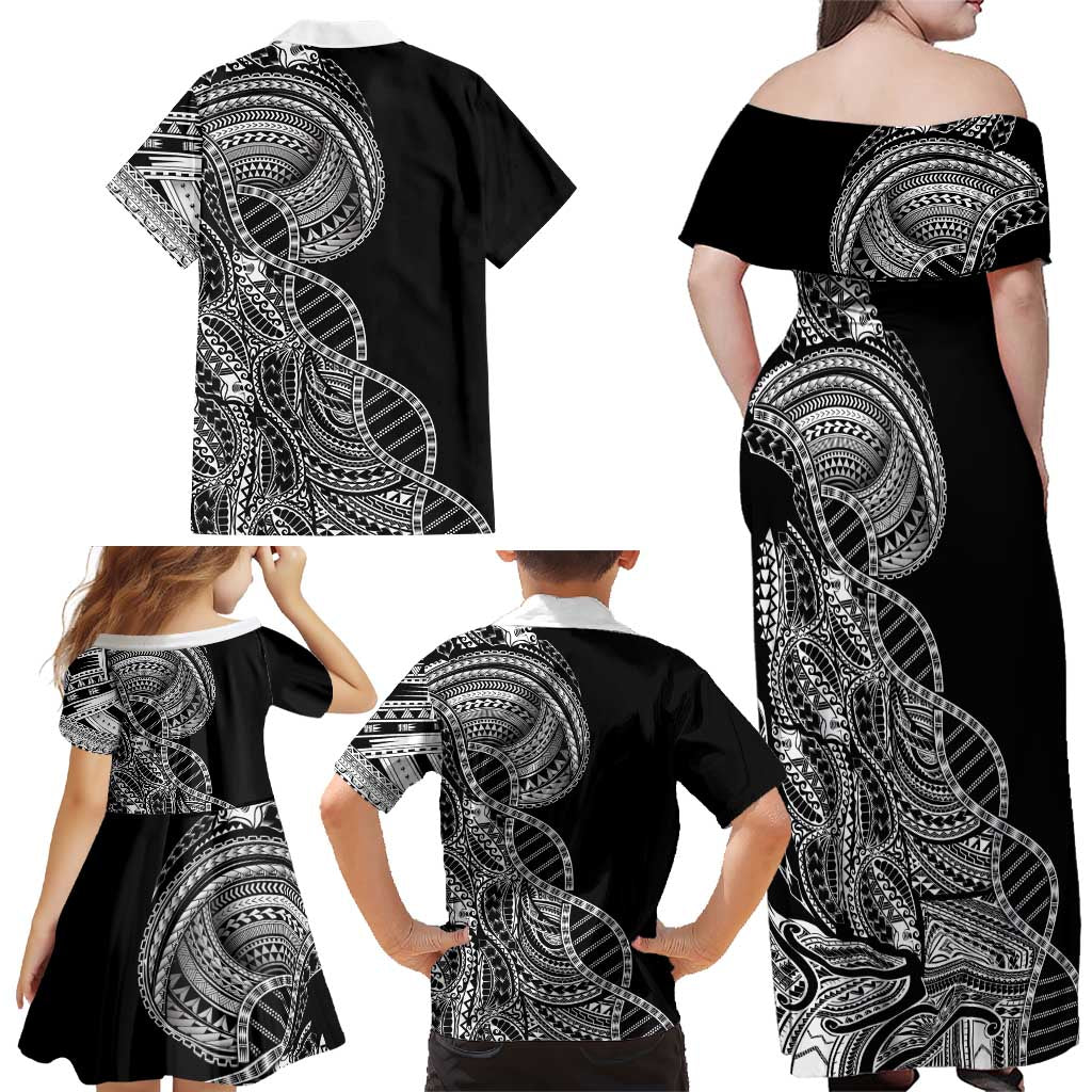 Samoan DNA Art Tattoo Family Matching Off Shoulder Maxi Dress and Hawaiian Shirt Polynesian Pattern Black Color LT03 - Polynesian Pride