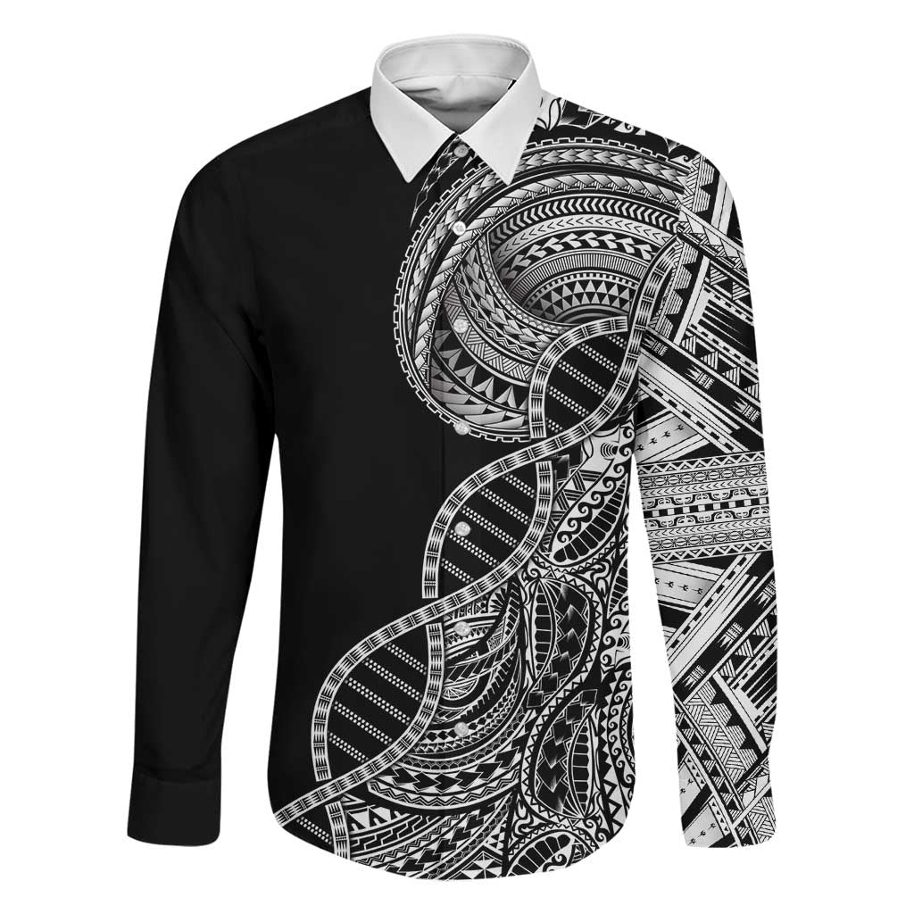 Samoan DNA Art Tattoo Family Matching Off Shoulder Maxi Dress and Hawaiian Shirt Polynesian Pattern Black Color LT03 Dad's Shirt - Long Sleeve Black - Polynesian Pride