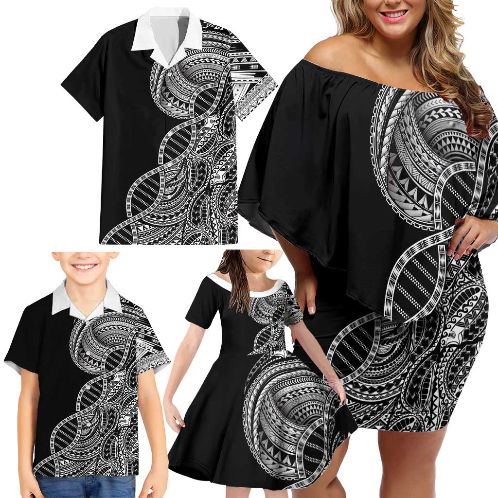 Samoan DNA Art Tattoo Family Matching Off Shoulder Short Dress and Hawaiian Shirt Polynesian Pattern Black Color LT03 - Polynesian Pride