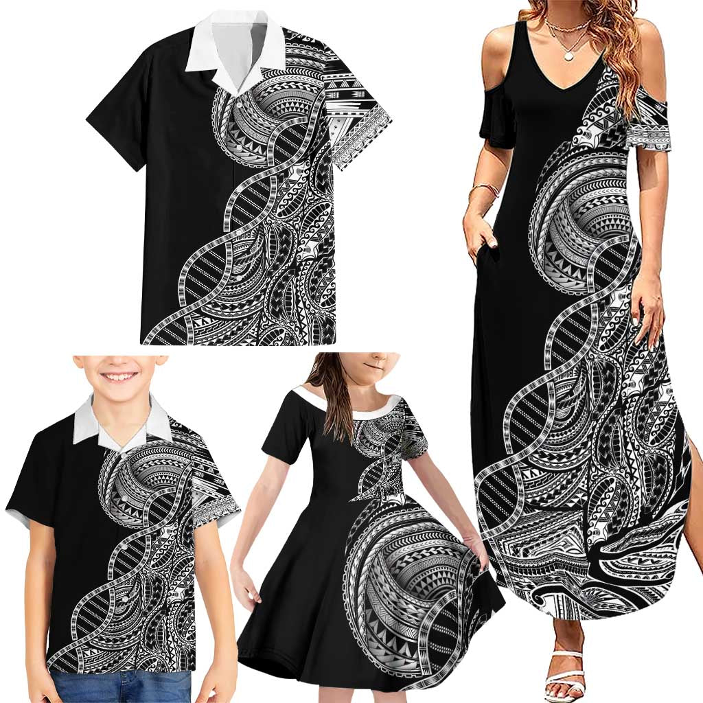 Samoan DNA Art Tattoo Family Matching Summer Maxi Dress and Hawaiian Shirt Polynesian Pattern Black Color LT03 - Polynesian Pride