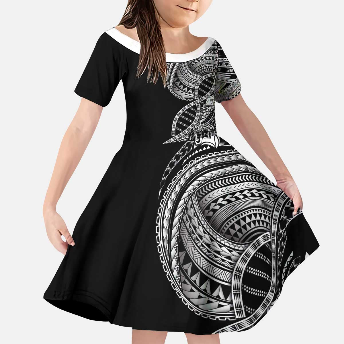 Samoan DNA Art Tattoo Kid Short Sleeve Dress Polynesian Pattern Black Color