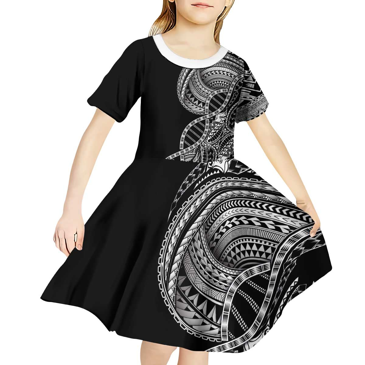 Samoan DNA Art Tattoo Kid Short Sleeve Dress Polynesian Pattern Black Color