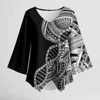 Samoan DNA Art Tattoo Kimono Sleeve Blouse Polynesian Pattern Black Color