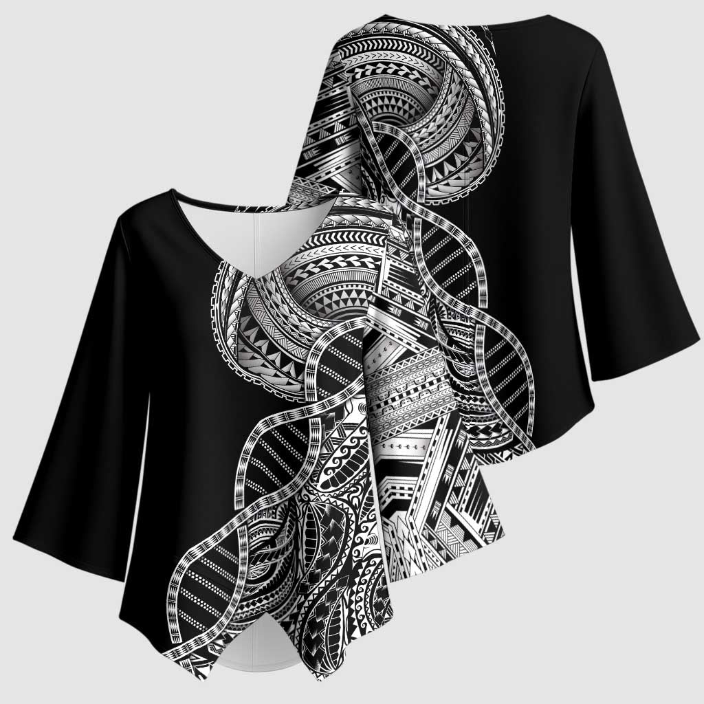 Samoan DNA Art Tattoo Kimono Sleeve Blouse Polynesian Pattern Black Color