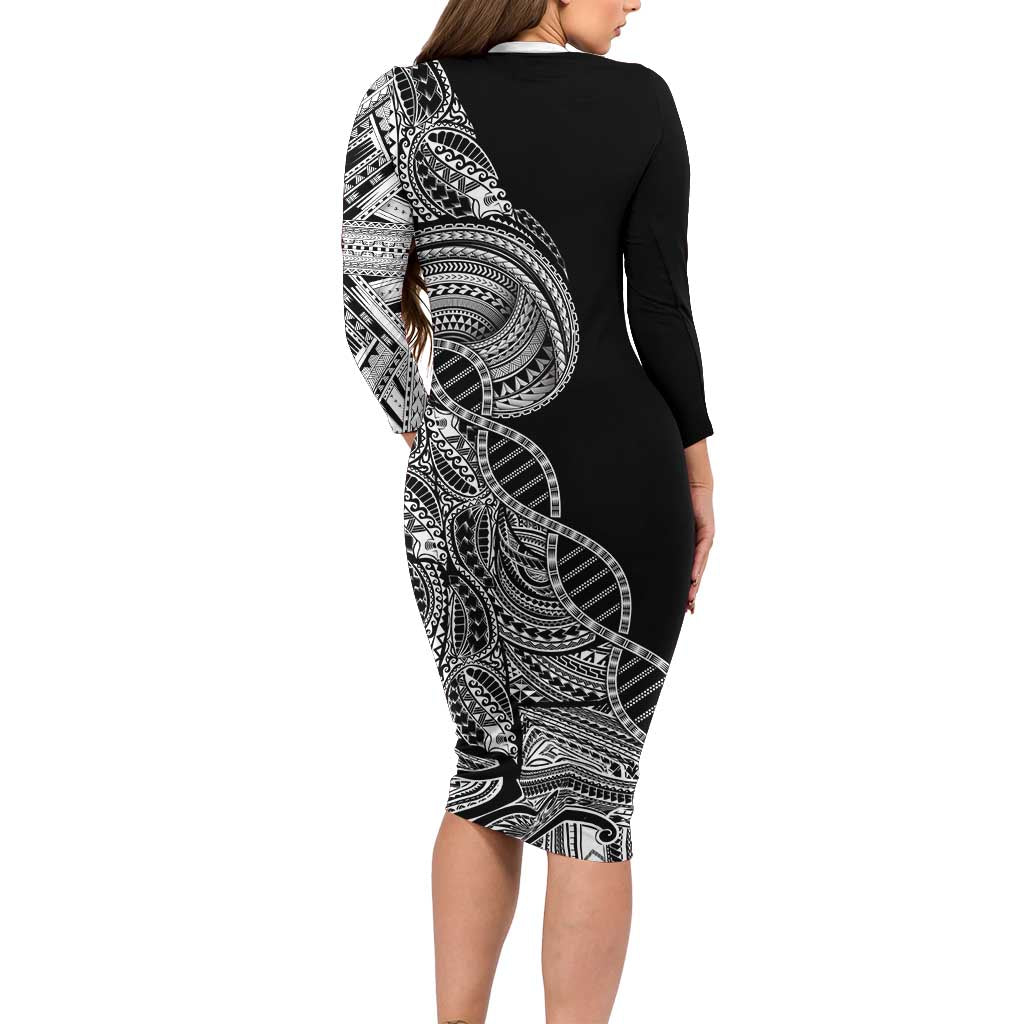 Samoan DNA Art Tattoo Long Sleeve Bodycon Dress Polynesian Pattern Black Color