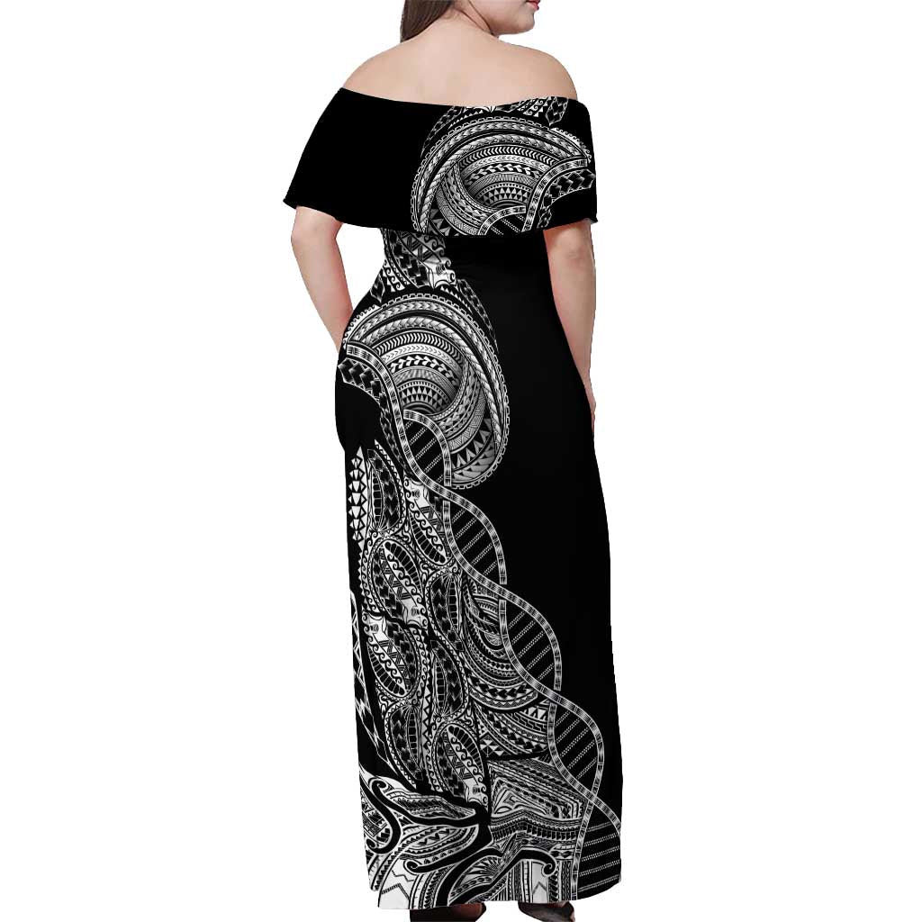 Samoan DNA Art Tattoo Off Shoulder Maxi Dress Polynesian Pattern Black Color LT03 - Polynesian Pride
