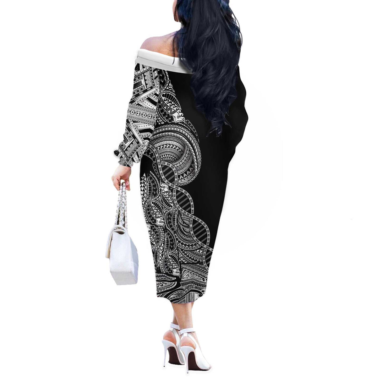 Samoan DNA Art Tattoo Off The Shoulder Long Sleeve Dress Polynesian Pattern Black Color
