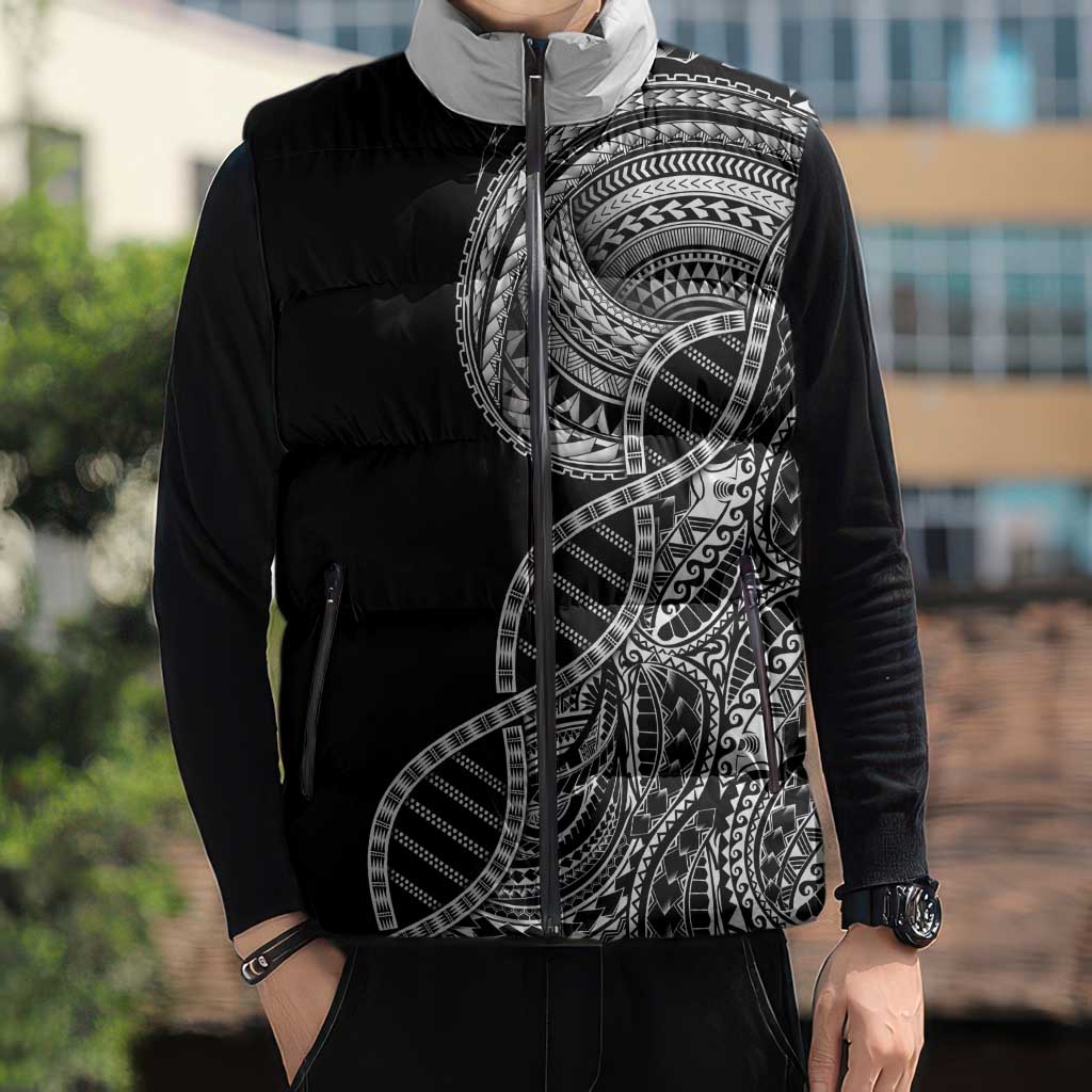 Samoan DNA Art Tattoo Sleeveless Puffer Jacket Polynesian Pattern Black Color