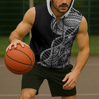 Samoan DNA Art Tattoo Sleeveless Zip Hoodie Polynesian Pattern Black Color