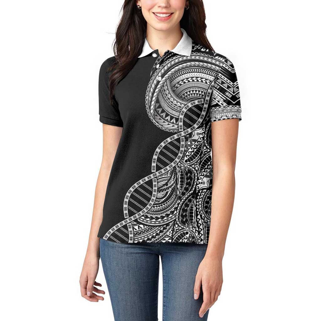 Samoan DNA Art Tattoo Women Polo Shirt Polynesian Pattern Black Color