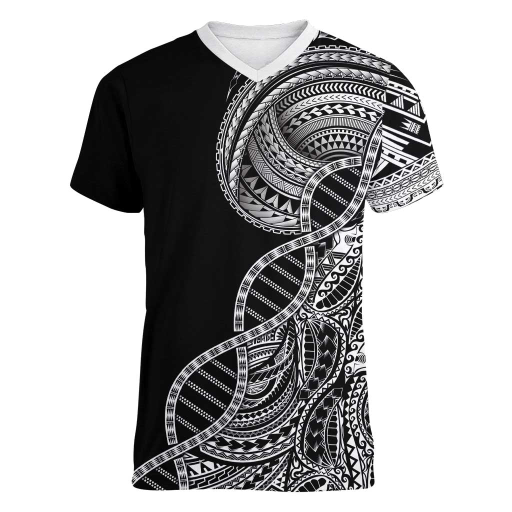 Samoan DNA Art Tattoo Women V-Neck T-Shirt Polynesian Pattern Black Color
