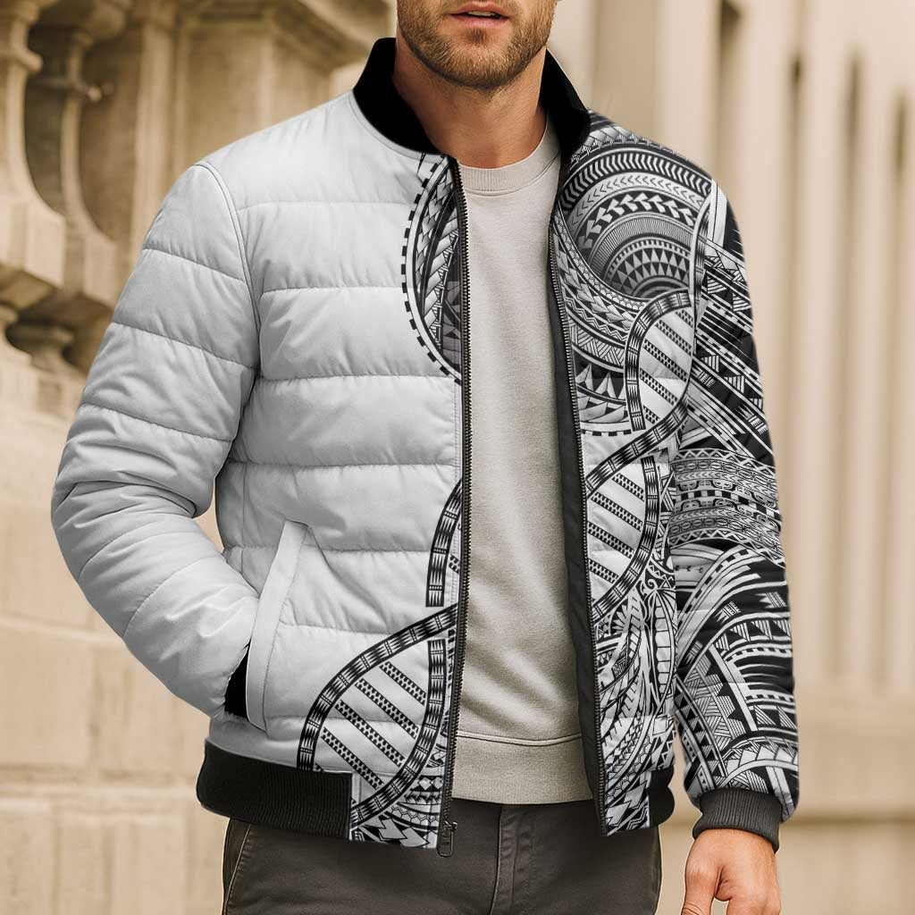Samoan DNA Art Tattoo Bomber Puffer Jacket Polynesian Pattern White Color