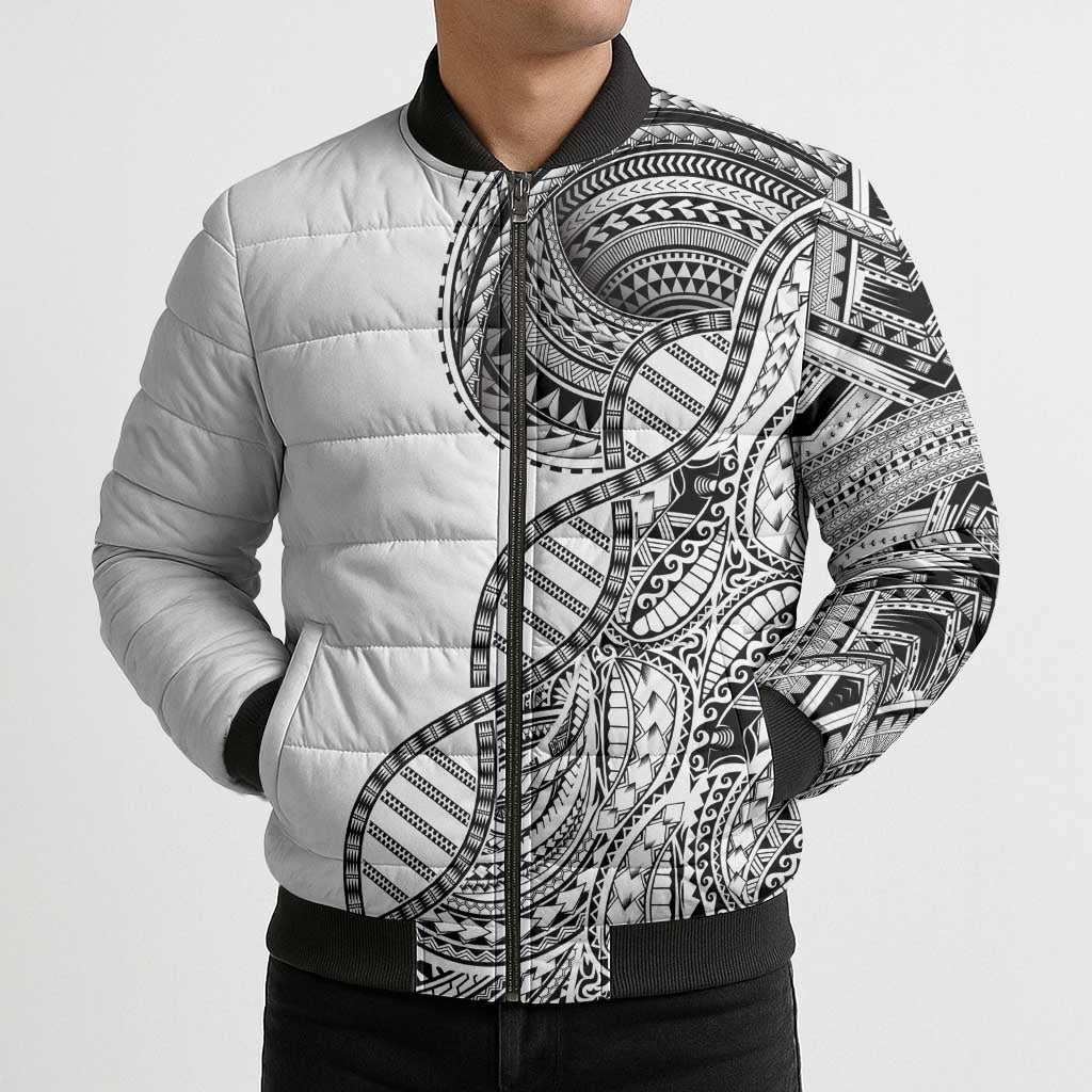 Samoan DNA Art Tattoo Bomber Puffer Jacket Polynesian Pattern White Color