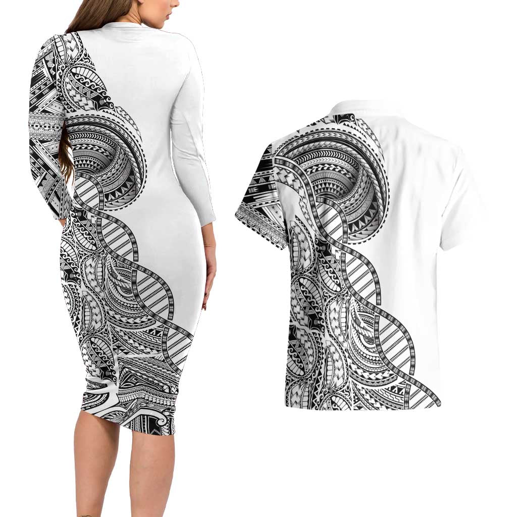 Samoan DNA Art Tattoo Couples Matching Long Sleeve Bodycon Dress and Hawaiian Shirt Polynesian Pattern White Color LT03 - Polynesian Pride