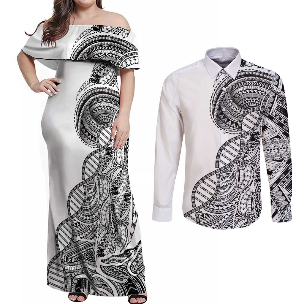 Samoan DNA Art Tattoo Couples Matching Off Shoulder Maxi Dress and Long Sleeve Button Shirt Polynesian Pattern White Color LT03 White - Polynesian Pride