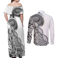 Samoan DNA Art Tattoo Couples Matching Off Shoulder Maxi Dress and Long Sleeve Button Shirt Polynesian Pattern White Color LT03 - Polynesian Pride